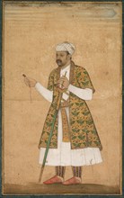 A Courtier, Possibly Khan Alam, Holding a Spinel and a Deccan Sword, c. 1605-1610. Creator: Govardhan (Indian, active c.1596-1645), attributed to ; Abd al-Rahim, the Anbarin-Qalam (Indian, active c. 1...