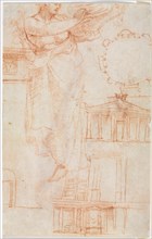 A Draped Female Figure (possibly an Amazon) and Architectural Studies (verso), c. 1525. Creator: Correggio (Italian, 1489?-1534), attributed to.