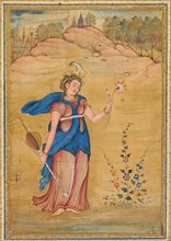 A female figure standing in a landscape holding a four-stringed "khuuchir" and a lotus, c. 1590. Creator: Unknown.