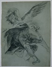 A Flying Angel (recto); Studies of Hands Playing Instruments (verso), 1723-1727. Creator: Giovanni Battista Piazzetta (Italian, 1682-1754).