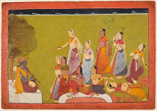 A group of women in ecstasy before before Madhava, from a Madhavanala Kamakandala series, c1700. Creator: Unknown.