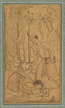 A Holy Man Prostrating Himself Before a Learned Prince, c. 1585; border added probably 1700s. Creator: Manohar (Indian), attributed to ; Basavana (Indian, active c. 1560-1600), and.
