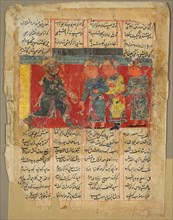 A King Receiving Three Men, page from the Khamsa of Amir Khusrau Dihlavi, 1450-1500. Creator: Unknown.