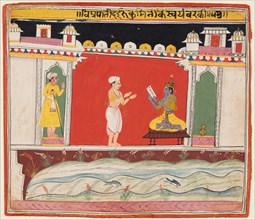 A page from a Bhagavata Purana series: A Brahmin gives Krishna the message or invitation..., c. 1650 Creator: Unknown.