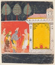 A page from a Ramayana: A night scene of Rama, Lakshman and Sita before the rishi..., c. 1650. Creator: Unknown.