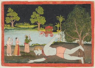 A page from a Ramayana: Rama, Lakshman and Sita before a slain giant, c. 1770. Creator: Unknown.