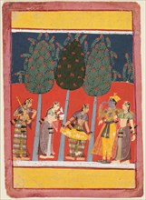 A page from a Rasikapriya series: Krishna and Radha and the Sakhis with musical instruments, c. 1650 Creator: Unknown.