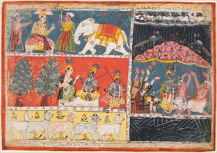 A page from the Bhagavata Purana: Indra sends a torrent of rain; Krishna lifts Mt. Govardhana, 1686. Creator: Unknown.