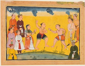 A page from the Mahabharata: Bhima fighting with Jayadratha, c. 1615. Creator: Unknown.