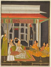 A princess on a terrace with attendants at night (recto); Calligraphy (verso), c. 1760. Creator: Unknown.