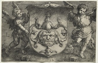 A Shield Bearing a Mask Supported by Two Genii, 1527. Creator: Lucas van Leyden (Dutch, 1494-1533).