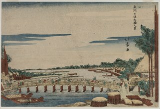 A View of the Great Bridge at Senju in Musashi Province, c. 1820s. Creator: Shotei Hokuju (Japanese, 1759-aft.1824).