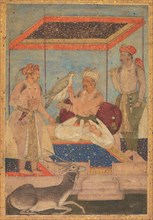 Akbar and Jahangir Examine a Ghir Falcon while Prince Khusrau Stands Behind, c. 1602-1604. Creator: Unknown.