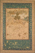 Akbar supervising the capture of wild elephants at Malwa in 1564, painting 90..., c. 1602-3 Creator: Farukh Chela (Indian), attributed to ; Govardhan (Indian, active c.1596-1645), or ; Dhanraj (Indian...