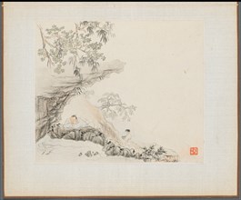 Album of Landscape Paintings Illustrating Old Poems: A Man Lies under a Rocky Overhang?, 1700s. Creator: Hua Yan (Chinese, 1682-about 1765).