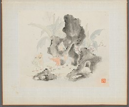 Album of Landscape Paintings Illustrating Old Poems: Children Play in a Rocky Grove, 1700s. Creator: Hua Yan (Chinese, 1682-about 1765).