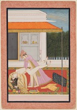 An amorous couple, probably Raja Mahendra Pal of Basohli (r. 1806- 1813) with a favorite...c. 1810. Creator: Unknown.