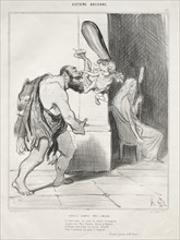 Ancient History, plate 25: Hercules Subdued by Cupid, 18 September 1842. Creator: Honoré Daumier (French, 1808-1879); Aubert.