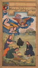 Angels bring food to Jesus in the wilderness, from a Mir?at al-quds of Father Jerome Xavier..., 1602 Creator: Unknown.