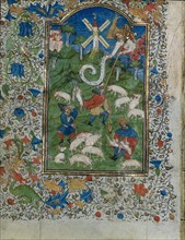 Annunciation to the Shepherds: Leaf from a Book of Hours (1 of 6 Excised Leaves), c. 1420-1430. Creator: Henri d'Orquevaulx (French); Workshop, or.