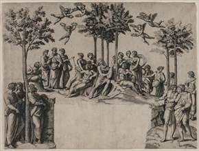 Apollo on Parnassus, c. 1517-1520. Creator: Marcantonio Raimondi (Italian, 1470/82-1527/34).