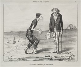 Aquatic Sketches, plate 8: Madame la Baronne, it is my honor..., 1853. Creator: Honoré Daumier (French, 1808-1879); Ch. Trinocq.