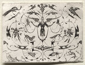Arabesque with Peacock, Parakeet, Dogs and Insects, 1626. Creator: Valentin Sezenius (German).