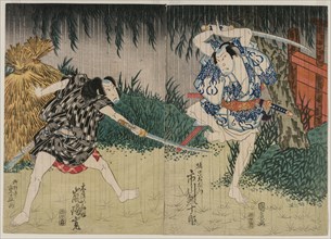 Arashi Rikan II as Kizu Kansuke; Ichikawa Ebijuro II as Horiguchi Manzaemon, 1829. Creator: Shigenao (Japanese); Utagawa Kunihiro (Japanese).
