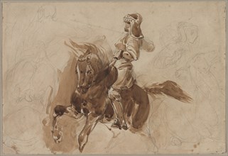 Armored Figure on Horseback (recto); Horse in Front of a Barn (verso), c. 1828. Creator: Eugène Delacroix (French, 1798-1863).