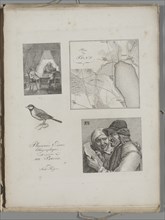 Art of the Lithograph: Four Engraving Samples, War Tent, Map of Toni, Bird, Dutch Farmer..., 1819. Creator: Alois Senefelder (German, 1771-1834).