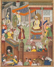Babur receives booty and Humayun?s salute after the victory over Sultan Ibrahim..., c. 1596-1597 or  Creator: Unknown.
