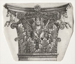 Base and Capital with Figure of Fame and Winged Horses (capital), c. 1525-1550. Creator: Master G. A. with the man-trap (Italian, active 1525-50).