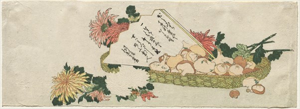 Basket with Fan, Chrysanthemums, and Mushrooms, early 1800s. Creator: Katsushika Hokusai (Japanese, 1760-1849), attributed to.