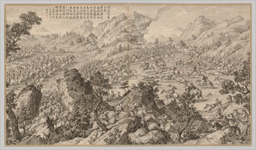 Battle at Aerchuer: from Battle Scenes of the Quelling of Rebellions..., c. 1765-1774; poem dated 17 Creator: Jean Damascene Sallusti (Italian, d. 1781).