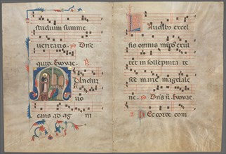 Bifolium from an Antiphonary: Initial M with Saint Dominic Preaching, c. 1320-1340. Creator: Primo Miniatore di San Domenico (Italian).