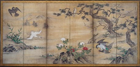Birds, Trees, and Flowers, late 1500s. Creator: Kano Mitsunobu (Japanese, 1565-1608), attributed to.