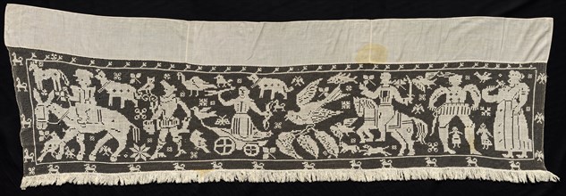 Border with Mounted and Standing Figures, Chariots, and Animals, 19th century. Creator: Unknown.