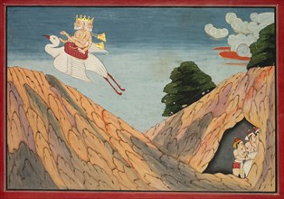 Brahma Hides the Cowherds and the Calves in the Cave, page from a Bhagavata Purana, c. 1760-1765. Creator: Unknown.
