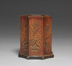 Brush Holder with Bamboo and Landscape Design, 1800s. Creator: Unknown.