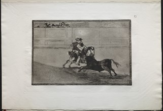 Bullfights: A Spanish Mounted Knight in the Ring Breaking Short Spears Without the Help..., 1876. Creator: Francisco de Goya (Spanish, 1746-1828).