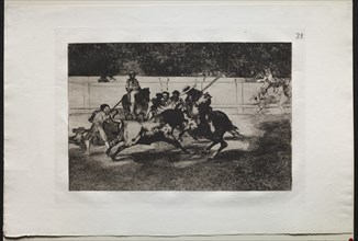 Bullfights: The Forceful Rendon Stabs a Bull with the Pique, From Which Pass he died..., 1876. Creator: Francisco de Goya (Spanish, 1746-1828).
