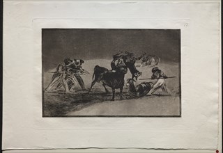 Bullfights: The Moors Use Donkeys as a Barrier to Defend Themselves Against the Bull..., 1876. Creator: Francisco de Goya (Spanish, 1746-1828).
