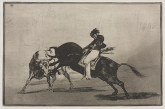 Bullfights: The Same Ceballos Mounted on Another Bull Breaks Short Spears in the Ring?, 1876. Creator: Francisco de Goya (Spanish, 1746-1828).