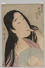 Bust of Woman with Loose Hair Holding Fan, 1753-1806. Creator: Kitagawa Utamaro (Japanese, 1753?-1806).