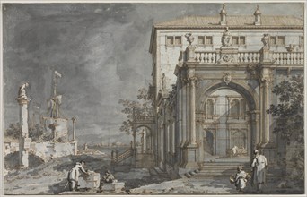 Capriccio: A Palace with a Courtyard by the Lagoon, c. 1750-1755. Creator: Antonio Canaletto (Italian, 1697-1768).