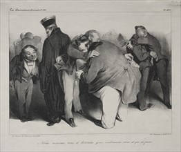 Caricature, plate 439: We are all honest men, so let us embrace and be done with it, 1834. Creator: Honoré Daumier (French, 1808-1879); Aubert.