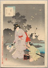 Chasing Fireflies, A Lady of the Tenmei Era (1781-1789)..., 1894. Creator: Mizuno Toshikata (Japanese, 1866-1908).
