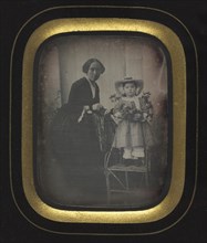 Child Standing on a Chair Holding Flowers, with Mother, c. 1855. Creator: Unidentified Photographer.