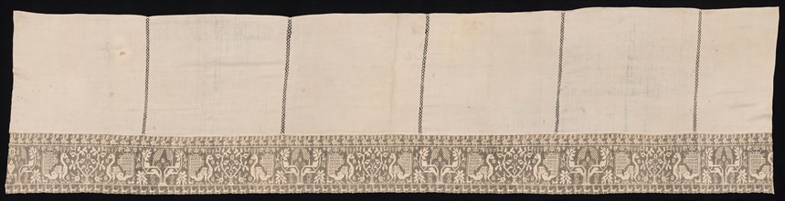 Cloth with Border of Peacocks and Vegetation, 17th-18th century. Creator: Unknown.