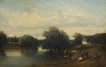 Cottage by the River with Washerwomen, 1835. Creator: Camille Flers (French, 1802-1868).